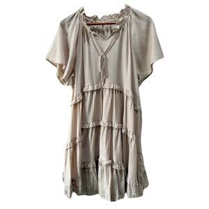 Tan Tiered Babydoll Mini Dress Ruffle VNeck Flutter Sleeves Summer Boho Size L